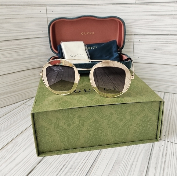 Gucci Aviator GG0105S Aviator Sunglasses in Gold and Brown Gradient NWT - Picture 1 of 10